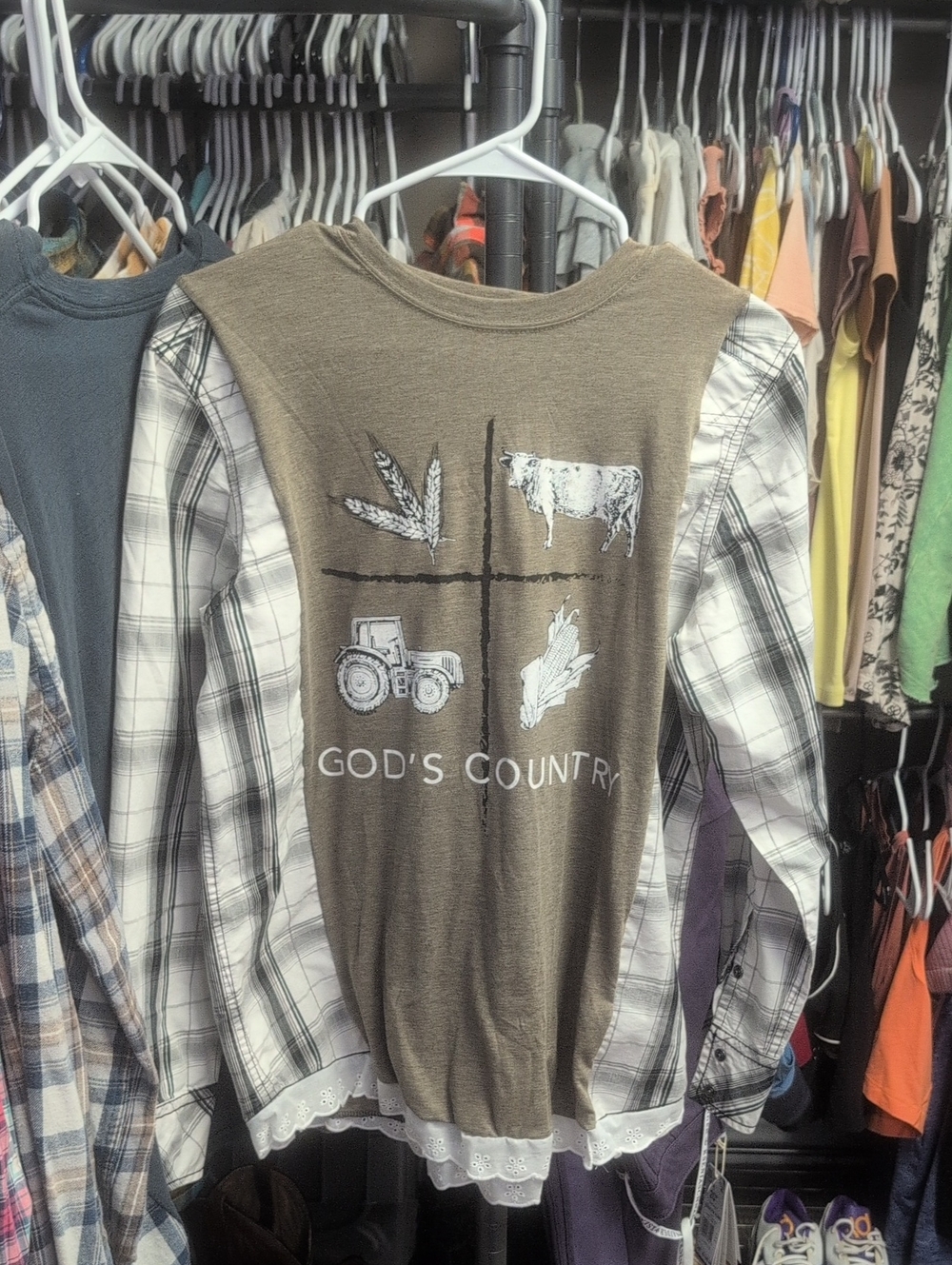 Olive Green Upcycle Featuring Farm Graphics And Lace